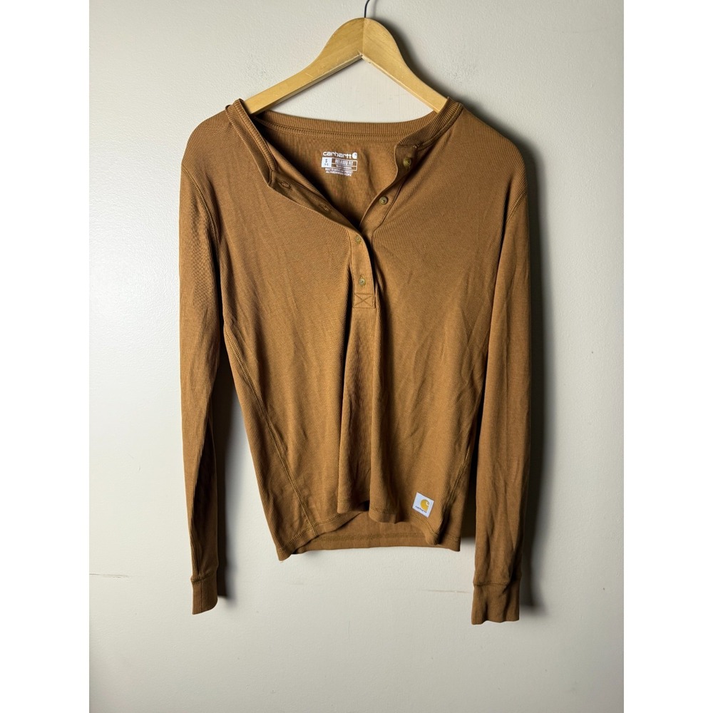 Carhartt Henley Shirt Youth Girls S 4-6 Brown Waffle Knit Thermal Long Sleeve
